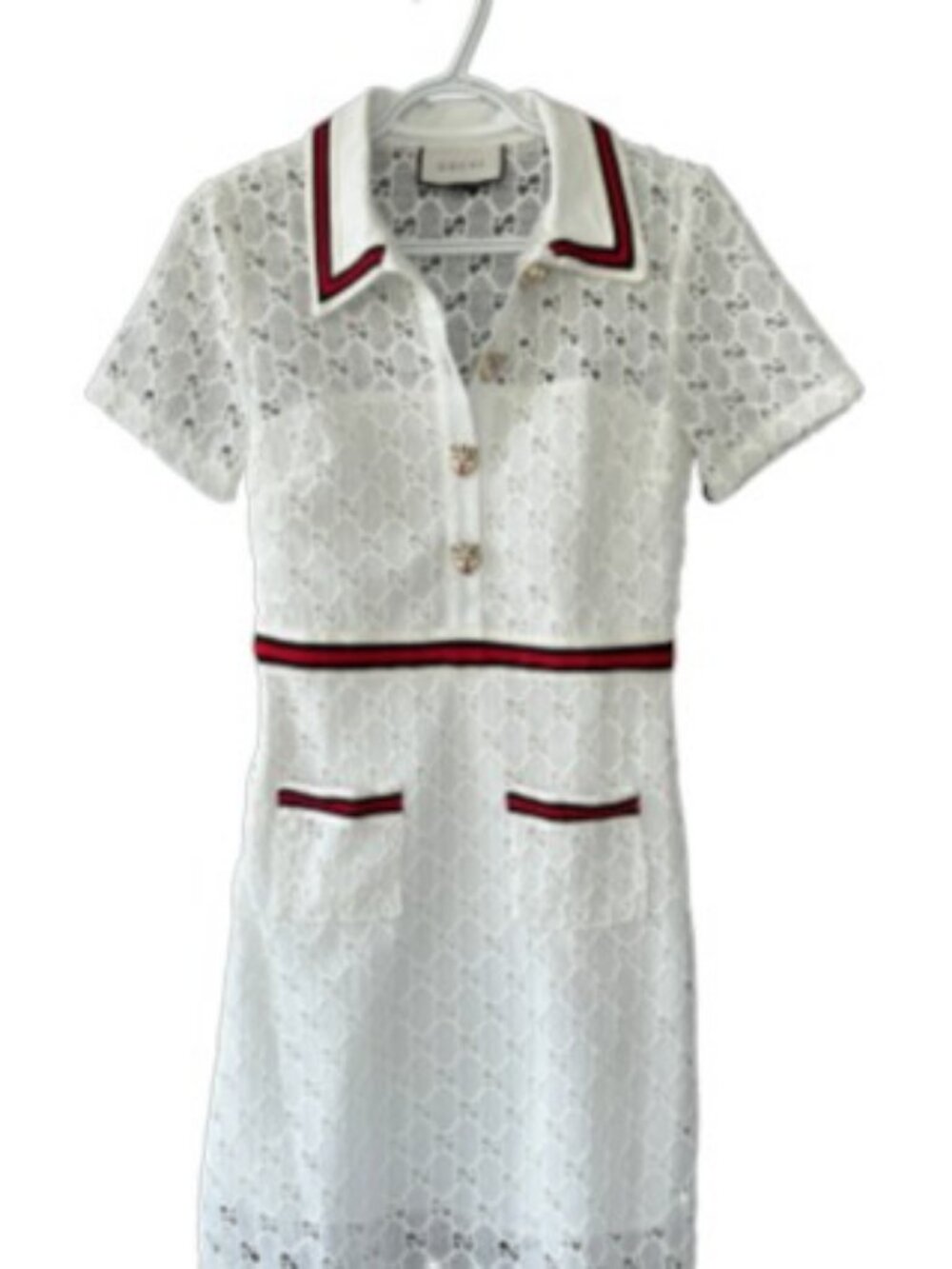 G-inspired lace short sleeve polo shirt dress white, red women's size S